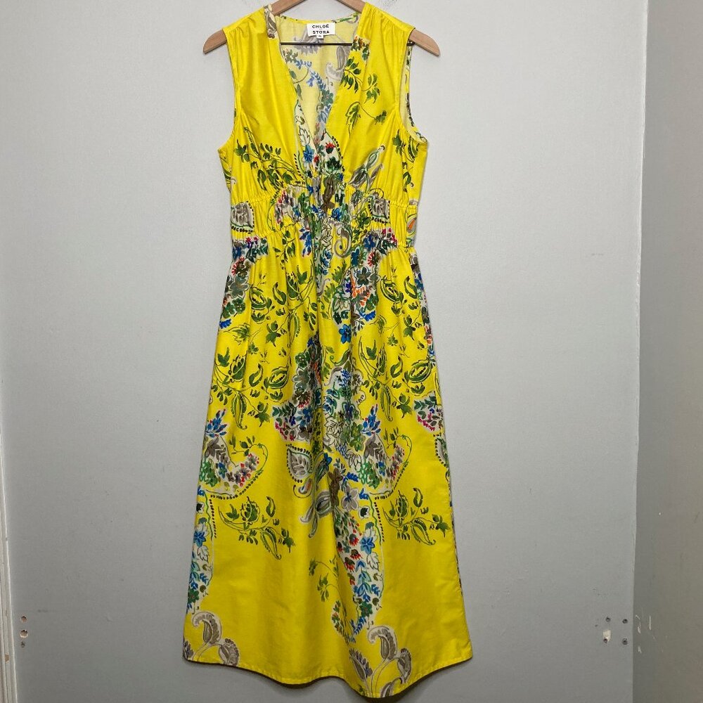 Chloe Stora Muguet Dress Womens FR 40 US 8 Yellow Floral Cotton Midi Feminine